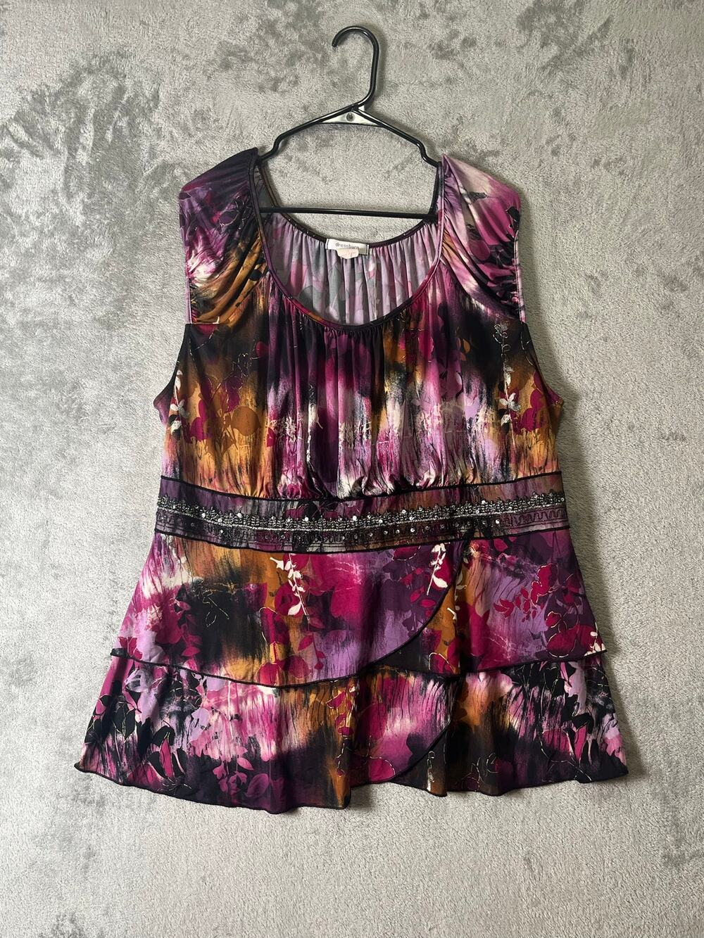 Vintage Y2K Floral Tiered Tunic Top 2X Beaded Mesh Boho Artsy Fairy‎ Grunge